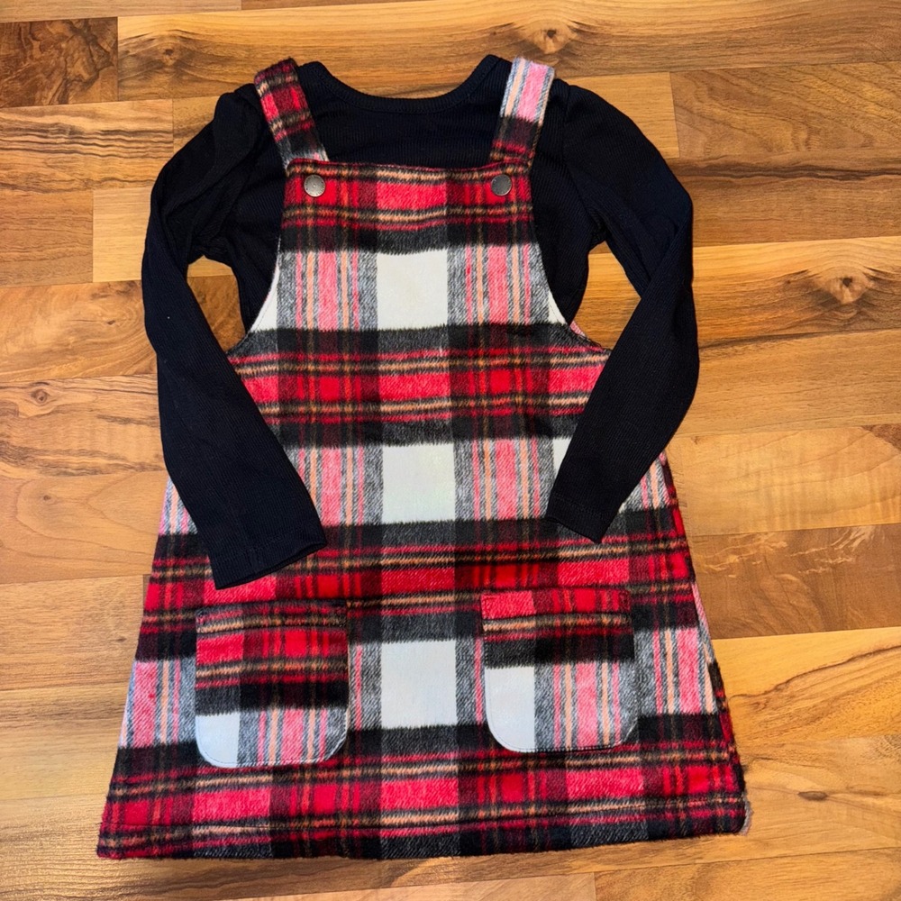 Little Me girl 4T Plaid Pinafore Dress Black Long Sleeve Top Outfit Set holiday